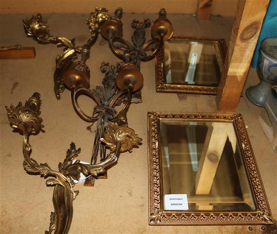 2 pairs 2-branch sconces & 2 gilt mirrors(-)